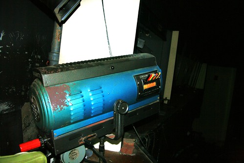 Old stage follow spot light with color gels