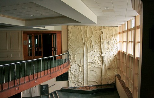 Two story wall sculpture in lobby