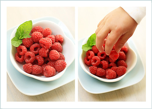 A photo collage of fresh raspberries in a bowl 