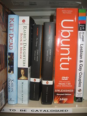 Books on shelf - Modern fiction next to Homer's The Odessy next to Ubuntu book next to Gay and Lesbian Couples Legal Guide