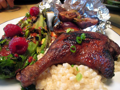 Grilled Duck with Israeli Couscous, Grilled Figs and Plums, and a Grilled Romaine salad.