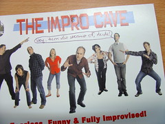 On the Impro Cave postcard, a speech bubble has been drawn next to Mark Gambino advising users of the coffee machine to switch off the steamer when they’re done.
