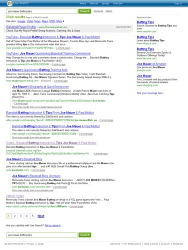 Screenshot of Live.com Search Results for "joe mauer batting tips" on 10/03/07