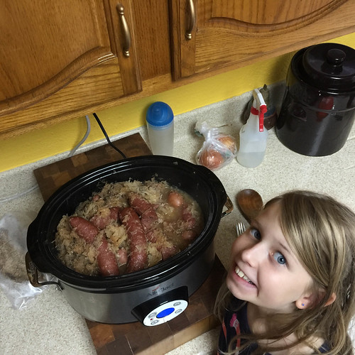 Nora is covering cultures in Social Studies and wanted us to make one of our own national dishes.  Kraut and sausages it is! • <a style="font-size:0.8em;" href="http://www.flickr.com/photos/96277117@N00/24572316241/" target="_blank">View on Flickr</a>