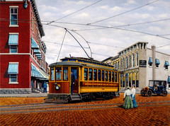 Russ Porter Painting of Street Car Turning, Wisconsin to Coo