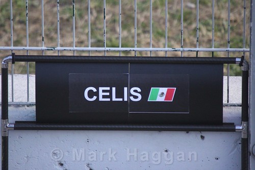 Alfonso Celis' pit board during Formula One Winter Testing 2016