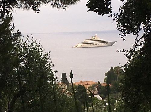 Old money v New - oligarch yacht seen from the Rothschild villa on Cap Ferrat 2018
