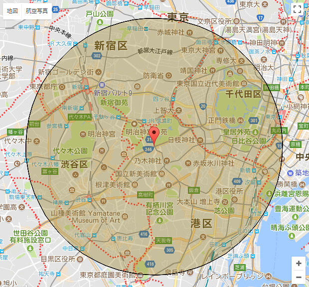 青山１丁目駅を中心に４Ｋｍの円を描くと、...