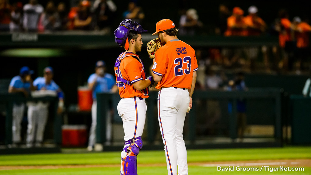 Clemson Baseball Photo of Carson Spiers and Kyle Wilkie and moreheadst and ncaaregional