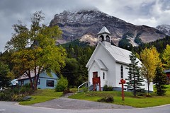 A White Church, Homes and a Mountain Backdrop (Field, BC; Yoho National Park)