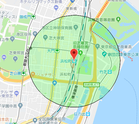 浜松町駅を基点に、0.6kmの小振りの円...