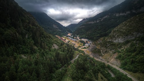 Canfranc International Railway Station in the middle of the valley