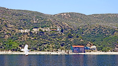 Greece, Macedonia, Aegean Sea,  monastery view from a boat cruising around Mount Athos peninsula