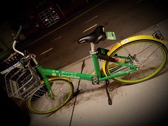 8-20-2018:  The bright bike awaits its rider.  Arlington, MA