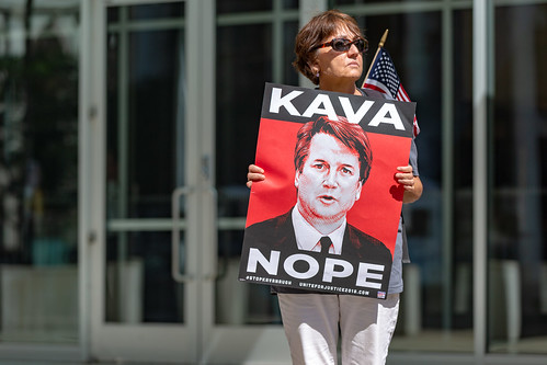 A protester against the confirmation of U.S. Supreme Court nominee Brett Kavanaugh outside the Warren E. Burger Federal Building in St. Paul, Minnesota
