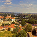 Wide panorama of Litomerice, historic city north of Prague, Check Republic, with Elbe (Labe) river, aerial view.