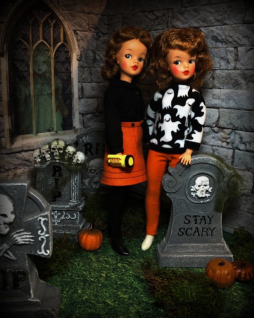 tammy doll vintage halloween ooak handmade clothes sew diorama ghost scene 16 church graveyard cemetery spooky