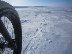 Approaching some patches of ice, cycling across the Beaufort Sea